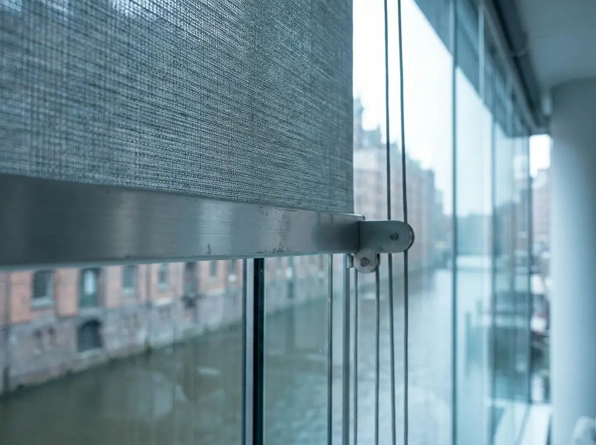 Close-up of a mesh screen blind aluminium bottom bar against full-height glazing in a Century City apartment, canal water below