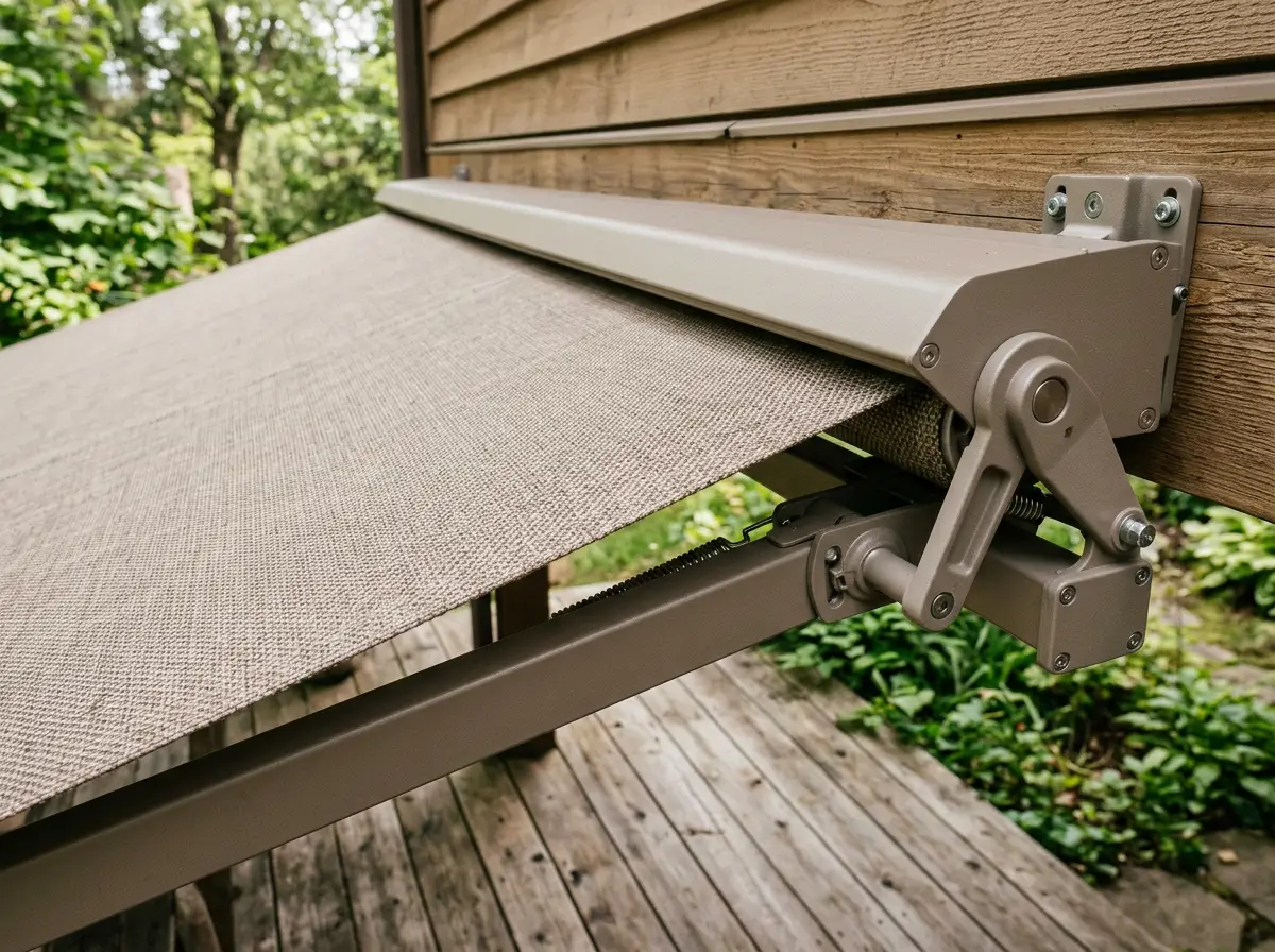 Close-up of a folding-arm awning wall bracket and folded arm bolted to the cladding above a Plattekloof deck
