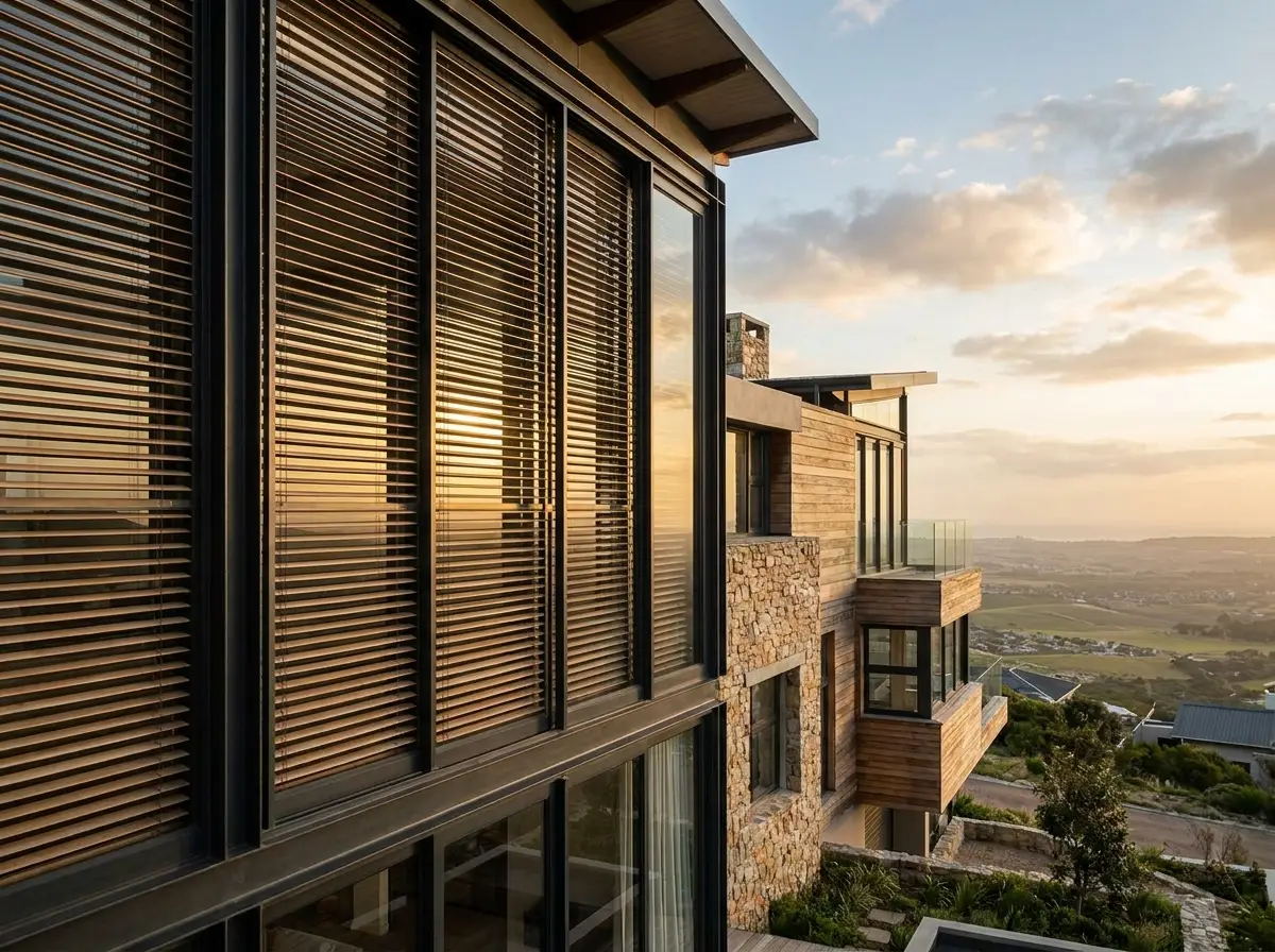 External venetian blinds covering the tall glazed bays of a Plattekloof home, viewed along the facade toward the valley
