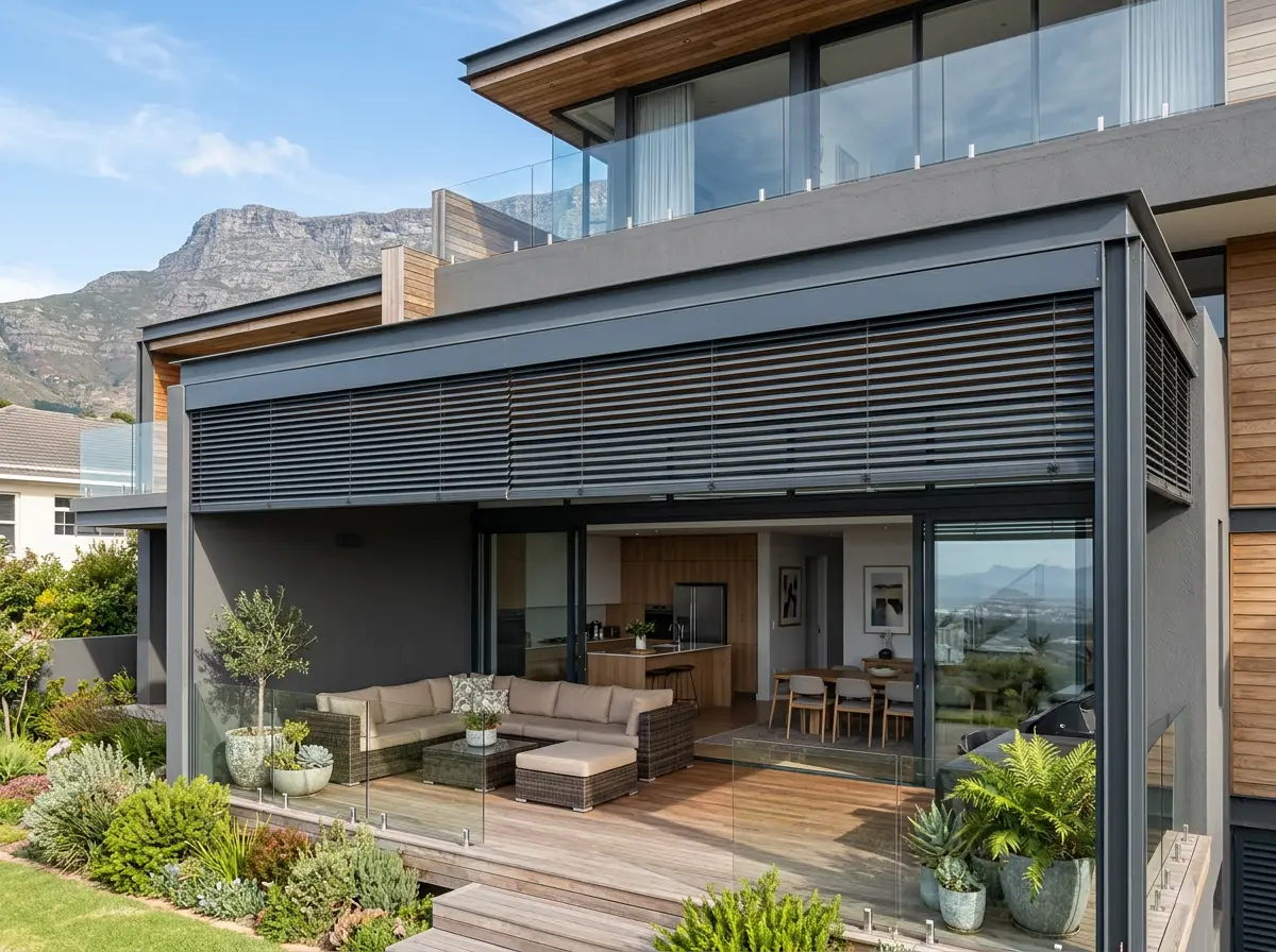 External venetian blinds enclosing the upper storey of a Plattekloof patio, screening the seating area from the western sun