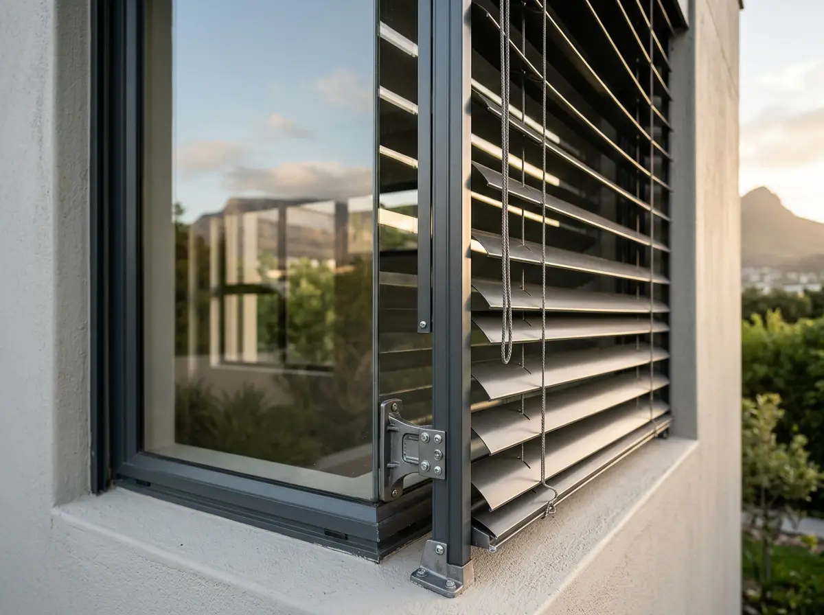 Close-up of an external venetian blind on its guide rail outside a Plattekloof window, slats open to the hillside