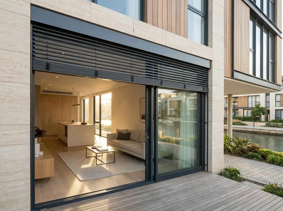 External venetian blinds stacked in their headbox above a Century City ground-floor slider, ready to drop over the deck-facing glass