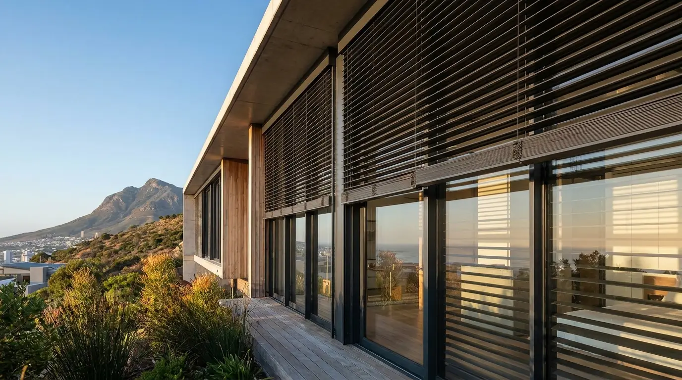 Wide-slat aluminium external venetian blinds mounted outside large windows on a Plattekloof home