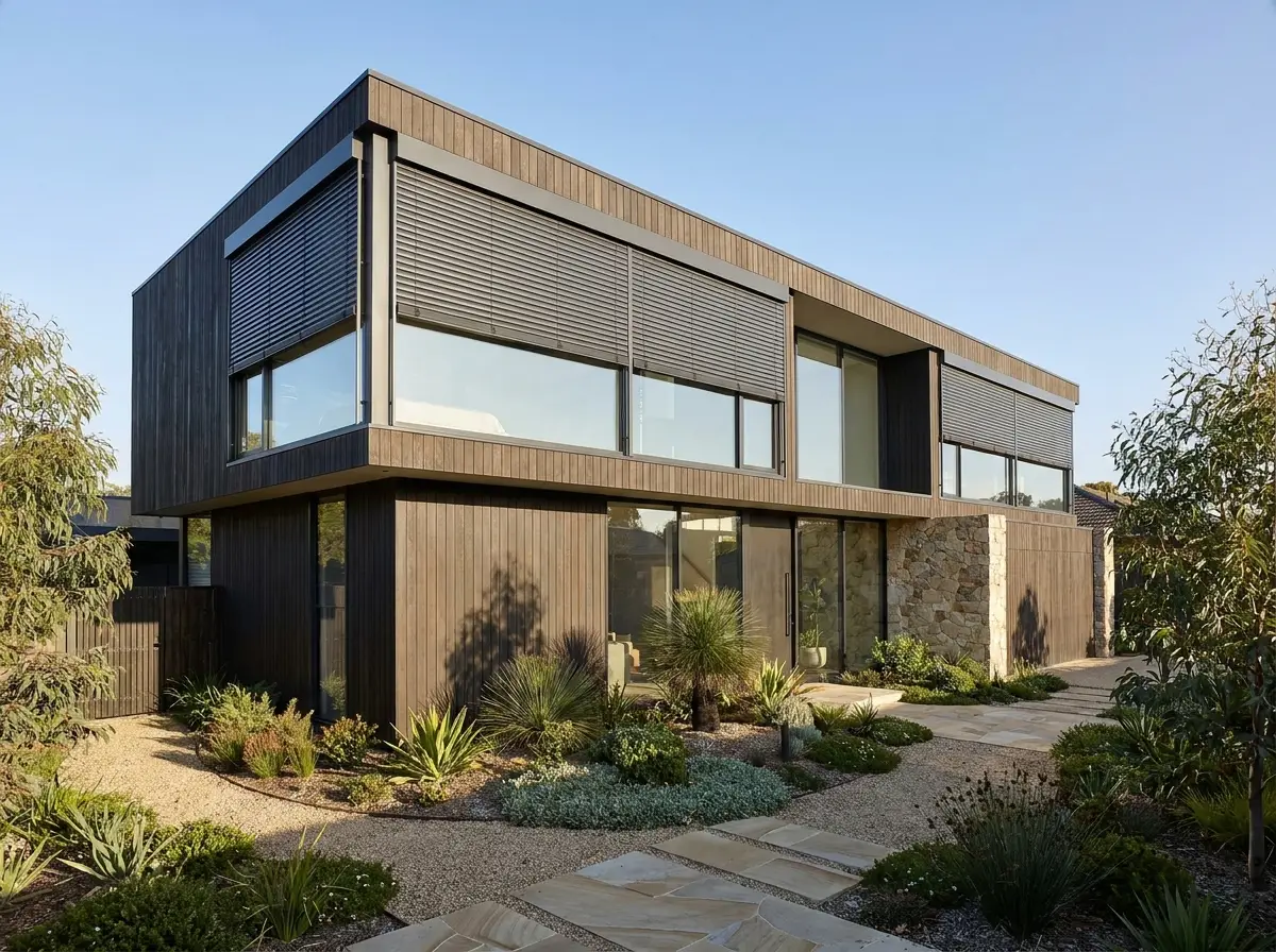 External venetian blinds shading the upper-storey windows of a timber-clad Kanonberg home, seen from the gravel garden