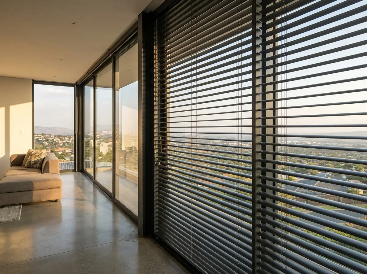 Looking along a Welgemoed glass wall shaded from outside by dark external venetians, slats angled to keep the view but block the sun