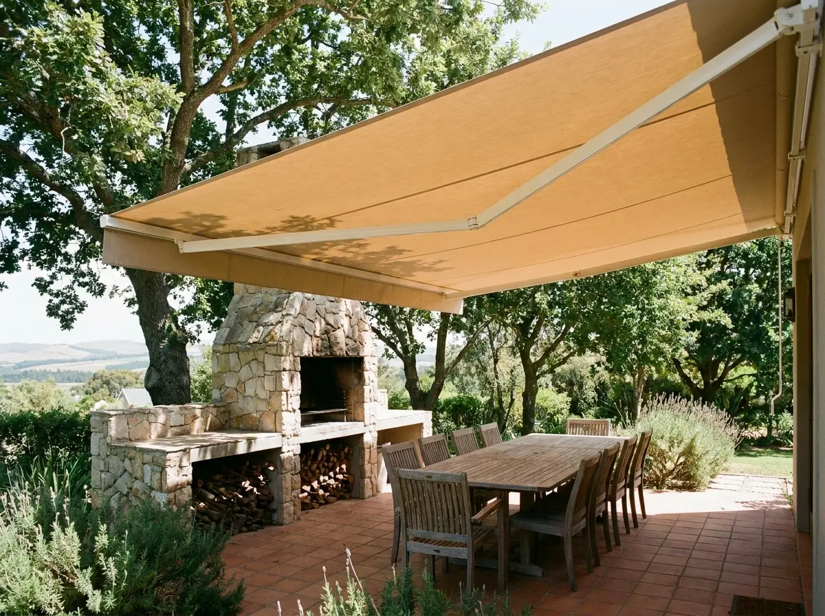 Folding-arm awning stretched over a Durbanville patio and stone braai, shading the length of a long outdoor dining table