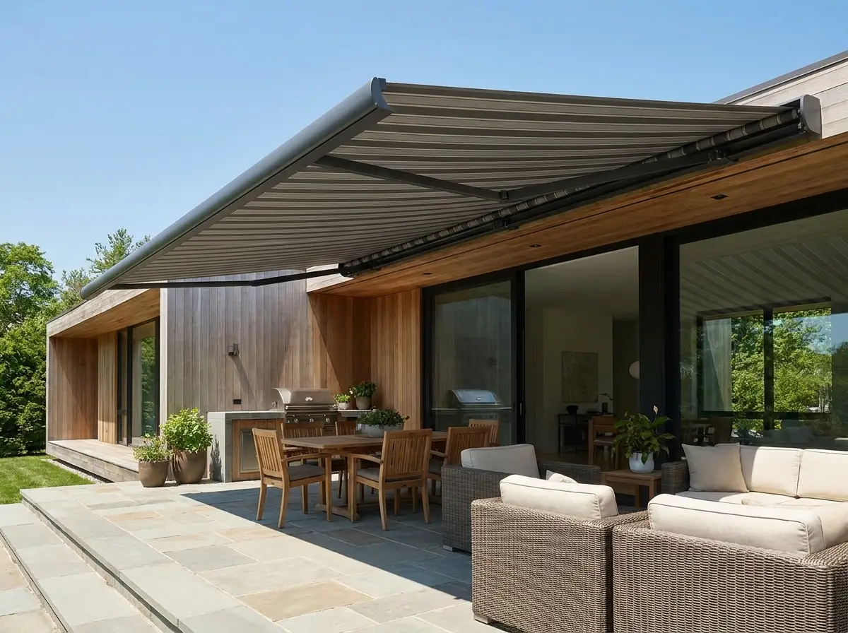 Folding-arm awning fully extended along the back of a Plattekloof house, covering the braai and dining terrace