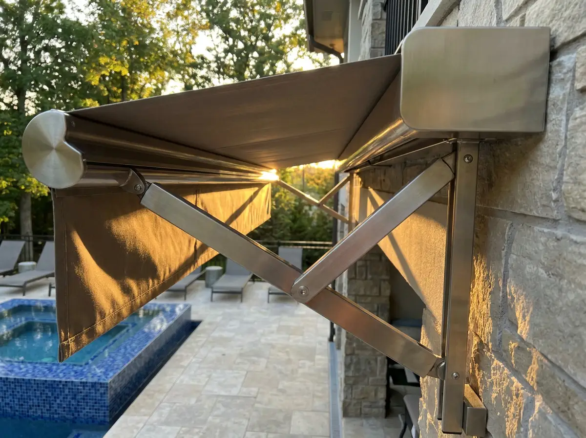 Folding-arm awning bracket fixed into the stone wall above a Plattekloof pool terrace, the arm partly extended
