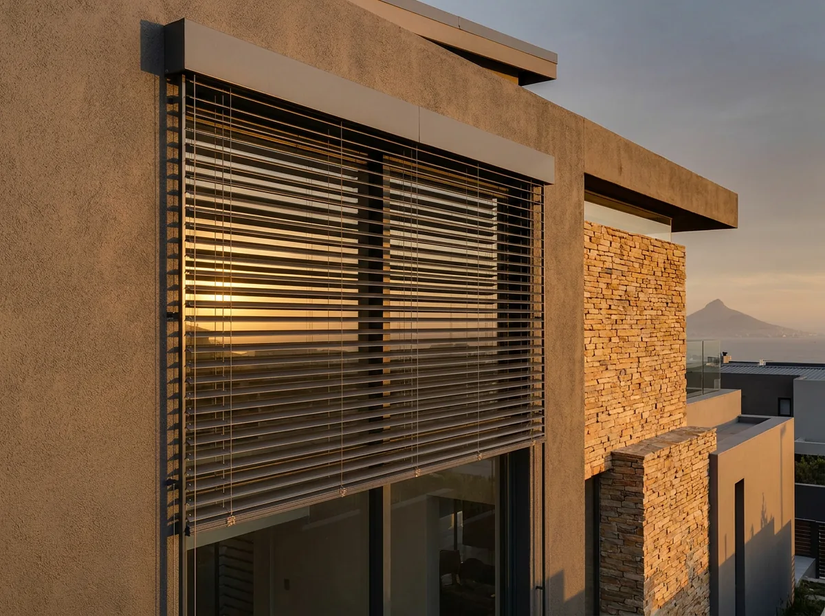External venetian blinds in a headbox on the plastered west wall of a Plattekloof home, slats catching the last of the afternoon sun