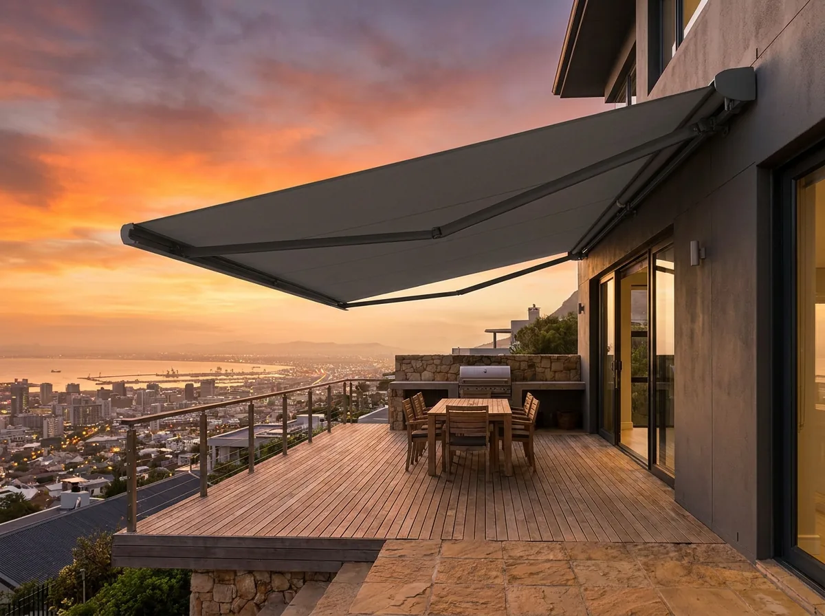 Folding-arm awning extended over a timber view deck and built-in braai in Plattekloof, the city lights coming on below the railing