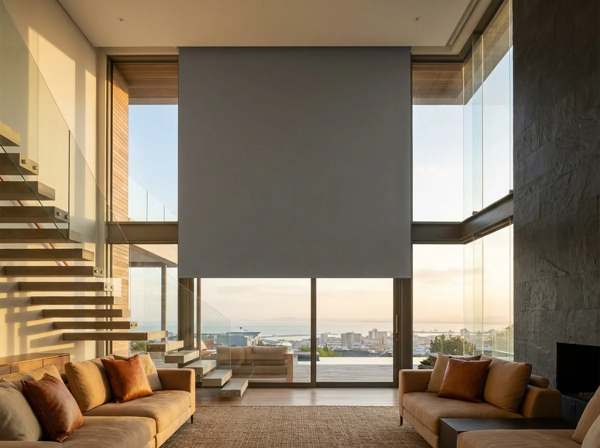 One large motorised blind covering the upper glazing of a double-volume Plattekloof living room, glass no ladder would reach safely