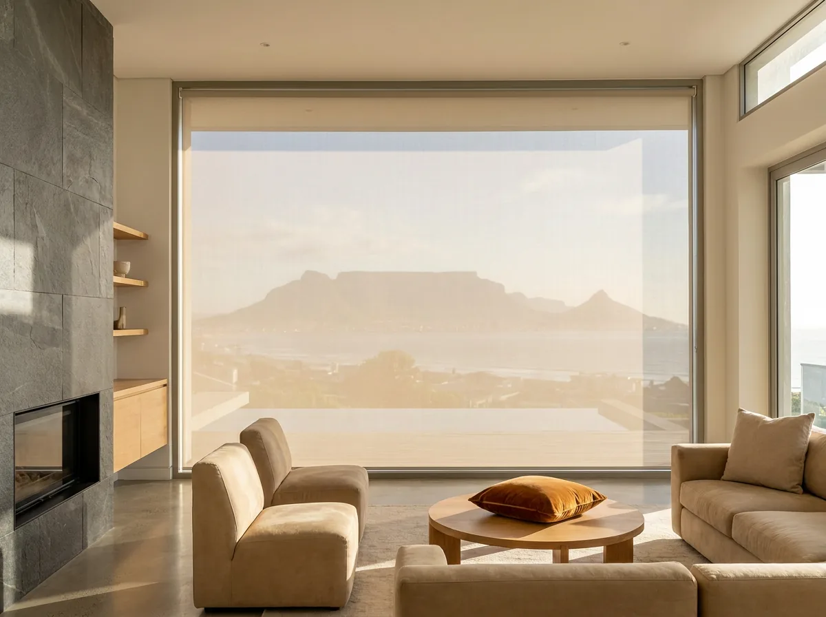 Full-width sunscreen roller blind lowered over a Plattekloof lounge window, Table Mountain and the bay still legible as a soft silhouette through the weave