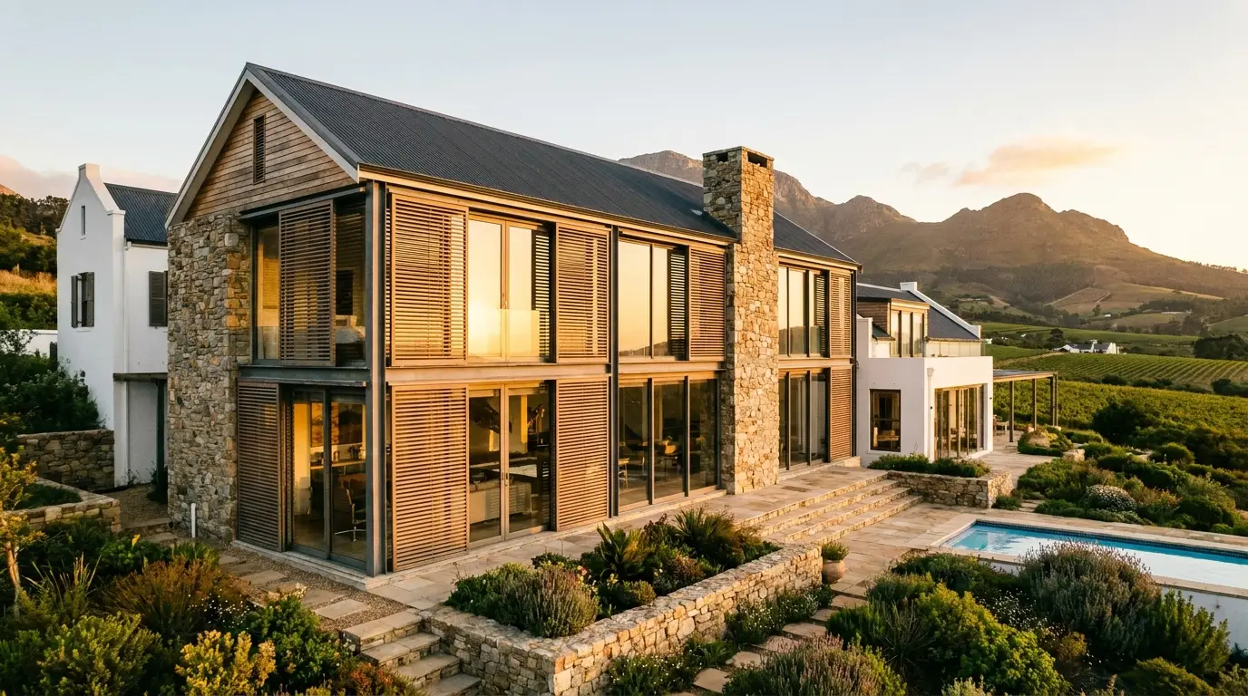 Stone-and-timber manor-style home in Welgemoed at sunset, external shading blinds fitted across the tall double-storey glazing