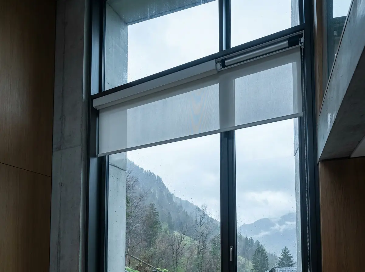 Motorised blind holding position halfway up a tall Plattekloof stairwell window on a misty winter morning