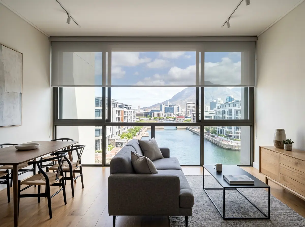 Motorised blinds parked at the head of the glazing in a Century City apartment, leaving the canal and mountain view completely clear