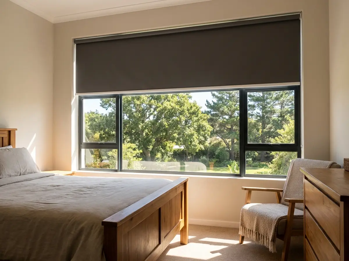 Motorised blockout blind lowered at a Durbanville bedroom window, cutting the early light without anyone touching a cord