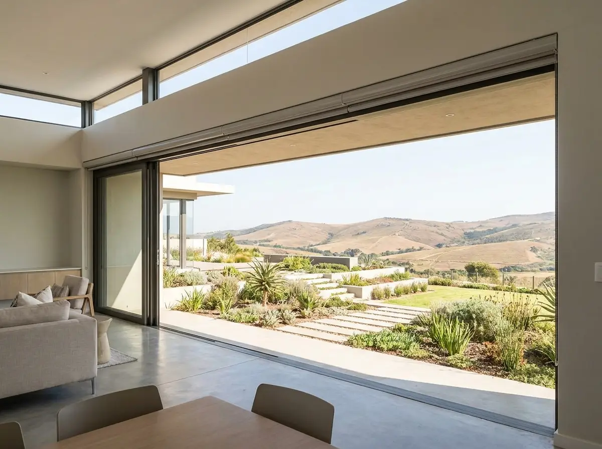 Motorised blind rolled away into the ceiling recess above a wide Kanonberg living-room opening, the view across the hills left uninterrupted
