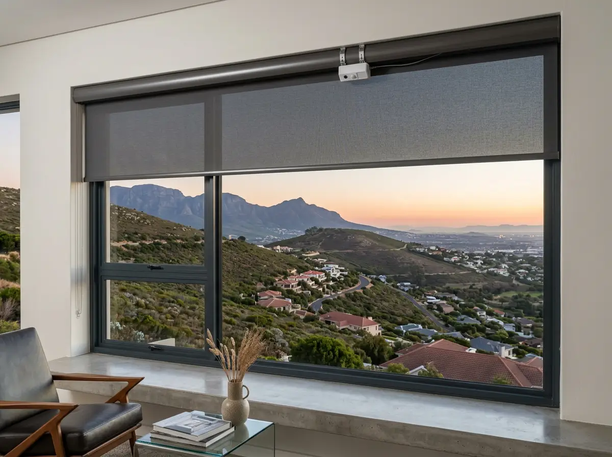 Motorised roller blind and its tubular motor head at a wide Plattekloof window, the blind stopped part-way down the glass