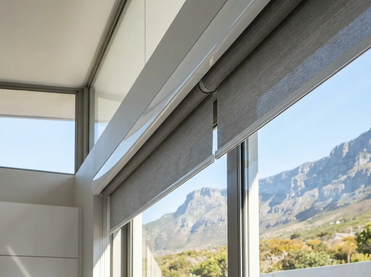 Motorised blinds meeting at the raked ceiling junction of a Plattekloof window bay, each panel squared to its own opening