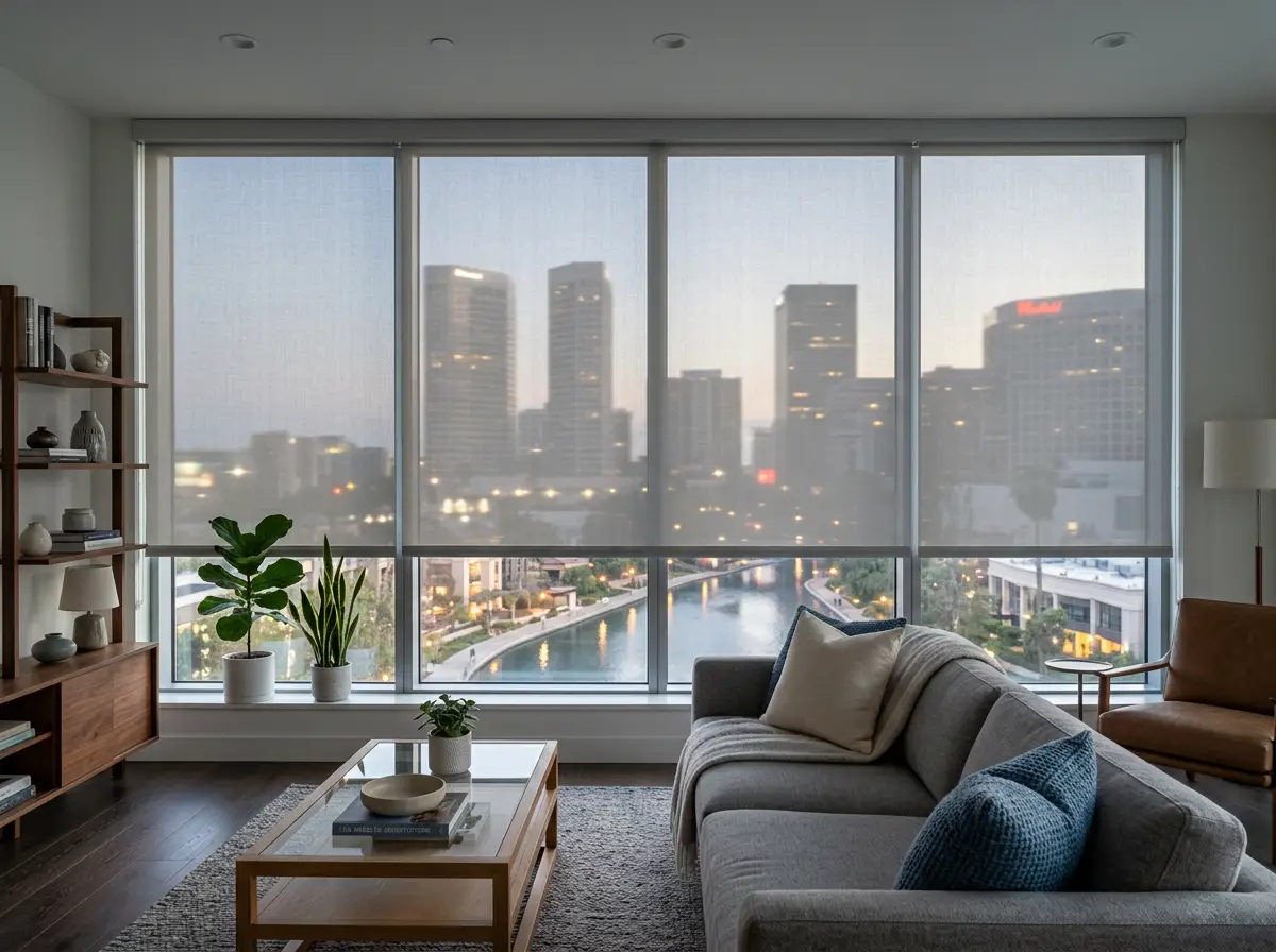 Sunscreen roller blinds lowered across the full-height windows of a Century City apartment lounge at dusk, city lights showing through the fabric