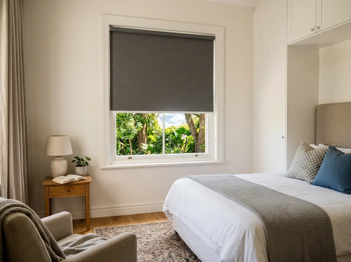 Charcoal roller blind half lowered at a Durbanville bedroom window, sitting neatly inside the painted timber architrave