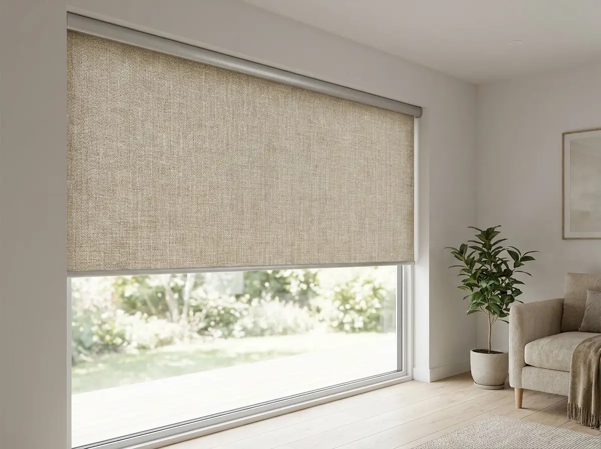 Textured roller blind lowered over a wide Plattekloof lounge window, leaving a strip of garden visible above the sill