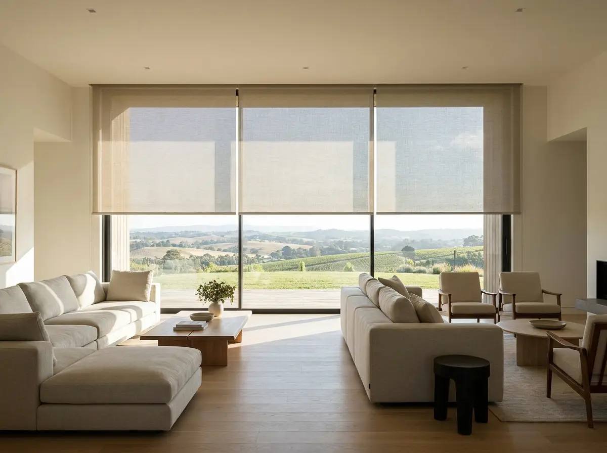 Three sheer roller blinds lowered across the wide glazing of a Kanonberg living room, softening the light over the valley beyond