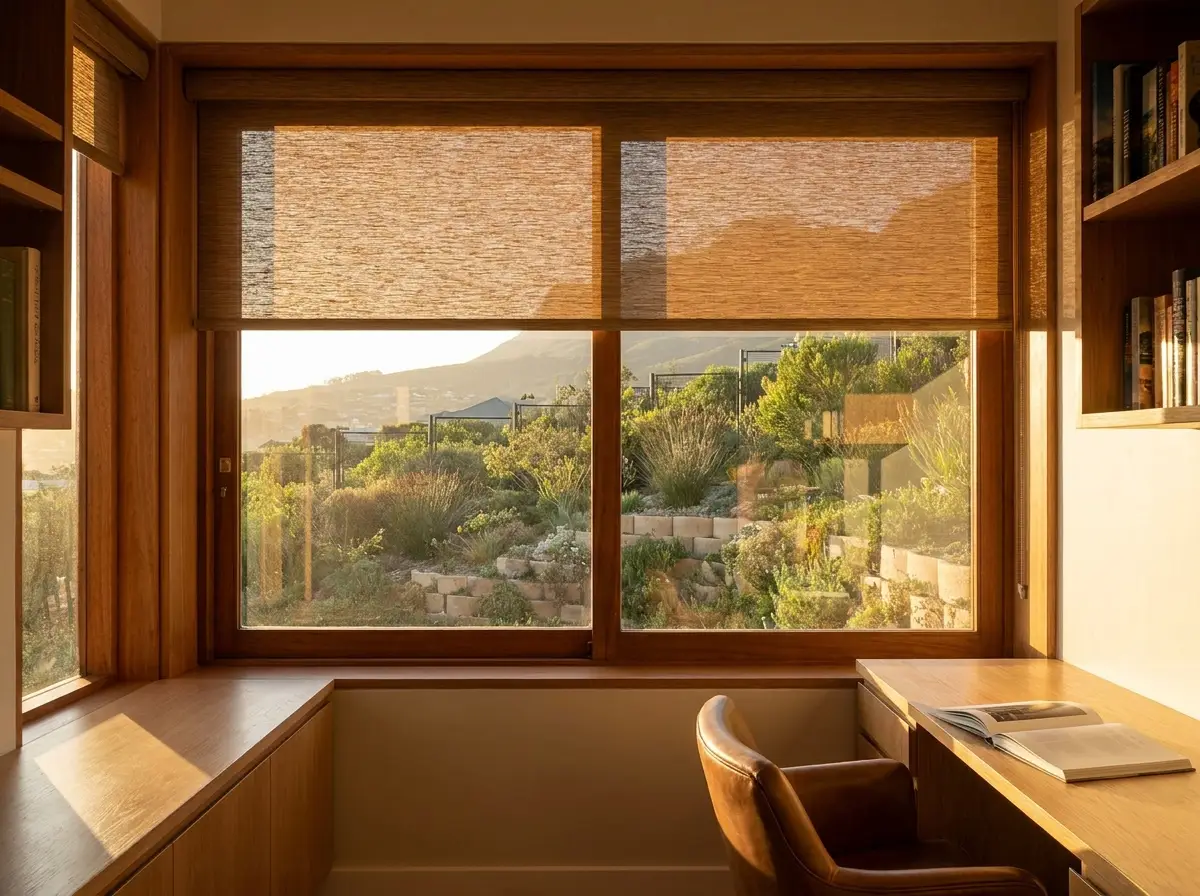 Textured roller blinds lowered halfway at a Plattekloof study window, warm late light falling across the built-in window seat