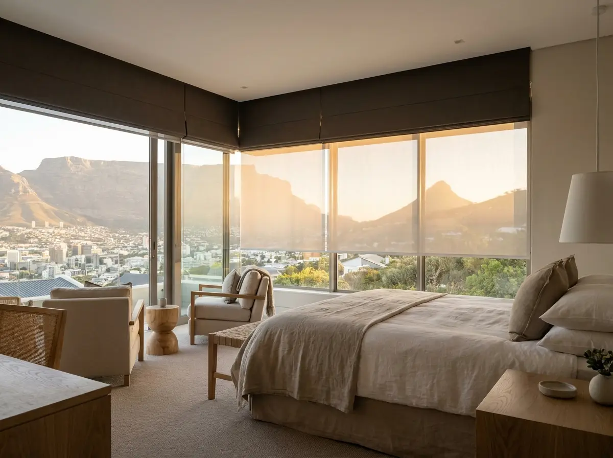 Grey roller blind wrapped on its tube at the head of a Plattekloof window, bracket and fabric roll clearly visible