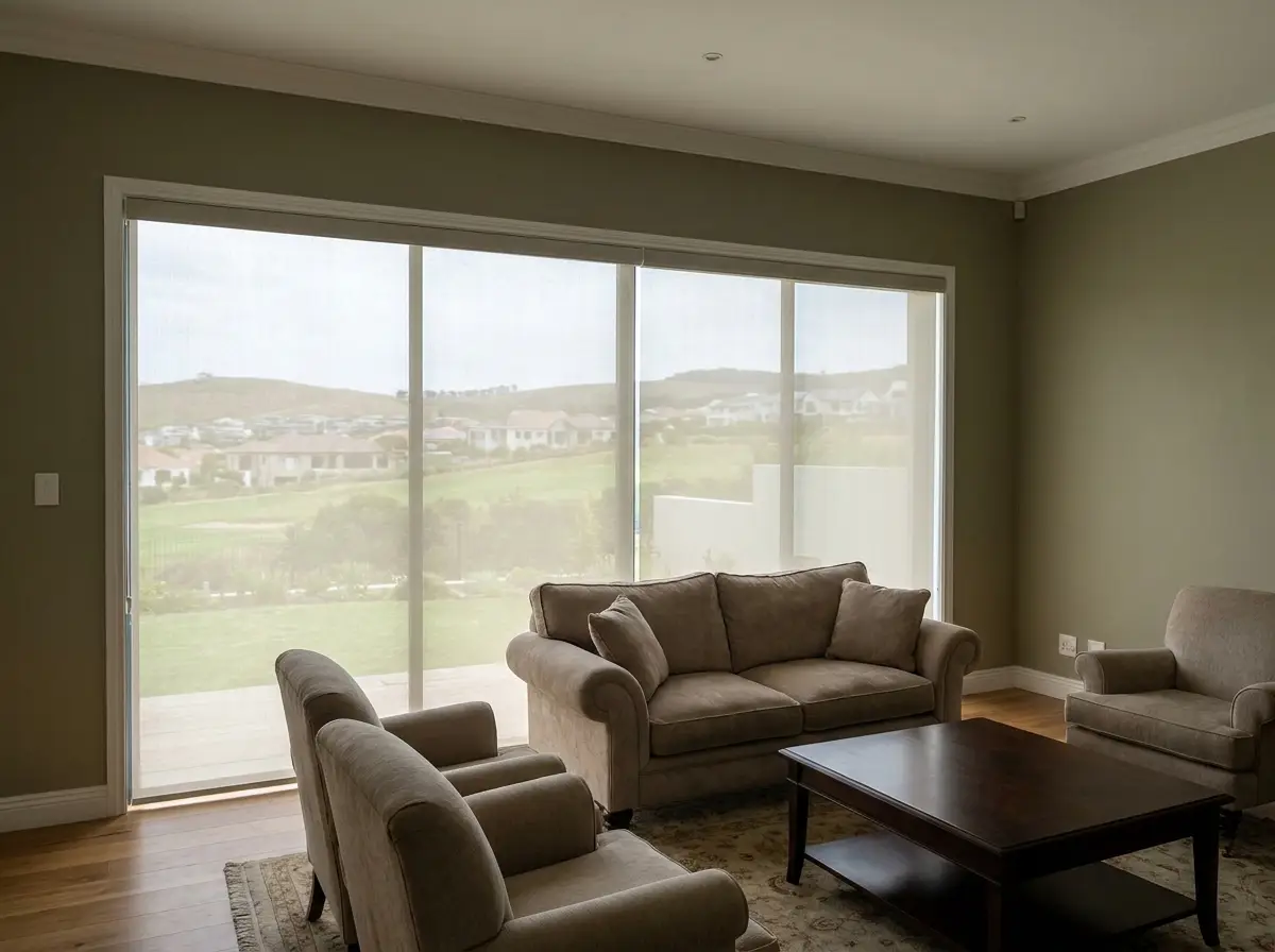 Sunscreen roller blind pulled across the sliding doors of a Welgemoed lounge, holding the fairway view while cutting the glare