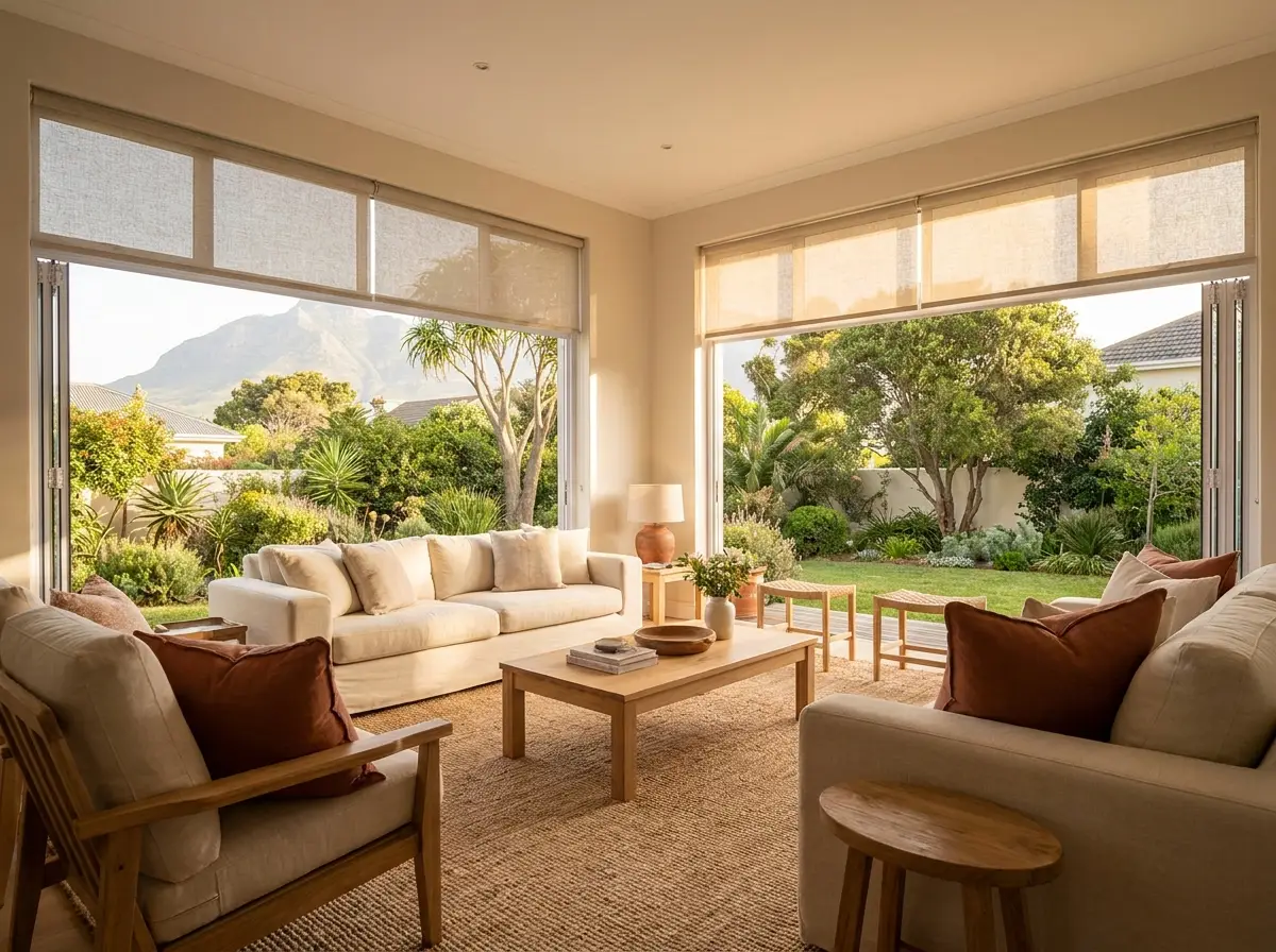 Durbanville living room with sunscreen roller blinds fitted above the stacking doors, garden and mountain framed by the open span