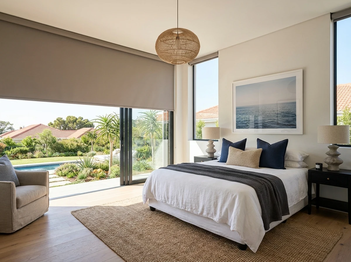 Kanonberg main bedroom with a taupe blockout blind drawn part-way over the garden slider, pool and palms outside